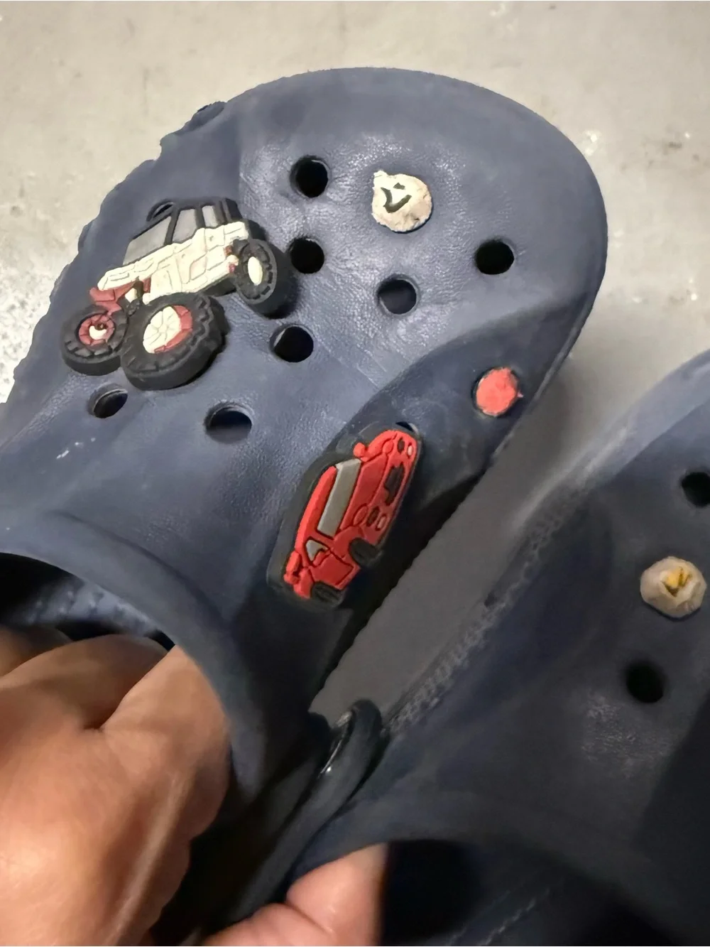 Toddler Classic Clogs Navy Blue with vehicle-themed Jibbitz charms C9 GUC